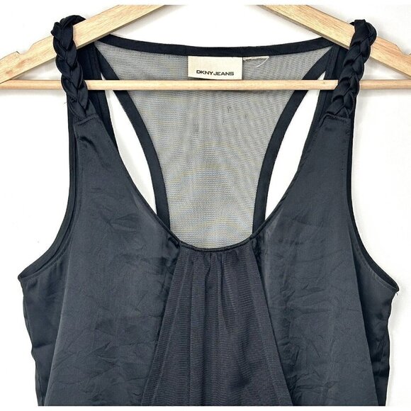 DKNY Tank Top Semi Sheer Halter Women Size S-M Black Mesh Panels Front Back - Picture 3 of 8